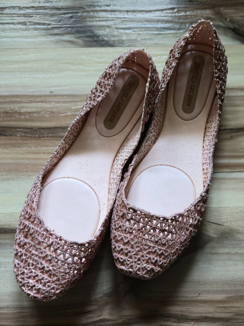 Melissa x Campana Zig Zag Glitter Crochet Ballet Flats Rose Gold Pink Size 6